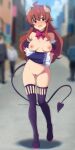 1girl absurdres arms_under_breasts artist_name blurry blurry_background blush boots bottomless bow bowtie breasts brown_hair commentary curled_horns demon_girl demon_horns demon_tail detached_sleeves english_commentary exhibitionism fang female_pubic_hair highres horns kagironsfw large_breasts long_hair long_tail machikado_mazoku nipples nose_blush outdoors pink_bow pink_bowtie pubic_hair public_indecency purple_boots purple_sleeves pussy pussy_juice road skin_fang skindentation solo sparse_pubic_hair street sweat tail thigh_boots trembling twitter_username uncensored urban yoshida_yuuko 