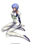  arm_support arms_behind_back artist_name ayanami_rei bangs blue_hair bodysuit bracer breasts breasts_apart closed_mouth expressionless from_side full_body gloves hair_between_eyes headgear knee_pads large_breasts long_legs looking_at_viewer neon_genesis_evangelion number pilot_suit plugsuit red_eyes ryu_(ryu's_former_site) short_hair simple_background sitting slender_waist solo thighs turtleneck white_background white_bodysuit yokozuwari 