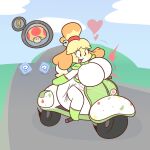 accessory animal_crossing anthro bell belt big_breasts big_diaper biker boots bouncing_breasts breast_expansion breasts canid canine canis clothing coin diaper diapersuit domestic_dog expansion female footwear fungus fur gloves hair_accessory hair_tie handwear heart_symbol hi_res huge_breasts huge_diaper hyper hyper_breasts isabelle_(animal_crossing) item_box leaf_symbol long_ears mammal mario_bros mario_kart mega_mushroom moped mushroom nintendo open_mouth power-up question_mark road scarf shih_tzu shoes shslsadcat solo surprised toy_dog vehicle white_body white_fur yellow_body yellow_fur