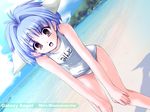  1girl animal_ears bangs beach blancmanche_mint blue_hair character_name cloud copyright_name dutch_angle galaxy_angel green_eyes looking_at_viewer mint_blancmanche name_tag ocean outdoors school_swimsuit short_hair sky smile solo swimsuit white_school_swimsuit yellow_eyes 
