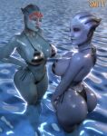 2025 3d_(artwork) absurd_res alien alien_humanoid asari back-tie_bikini big_breasts bikini bioware blue_body blue_eyes blue_skin breasts butt clothing collarbone digital_media_(artwork) duo electronic_arts eyelashes female glistening glistening_body glistening_breasts glistening_butt glistening_skin hands_on_hips hi_res humanoid liara_t'soni mass_effect navel not_furry partially_submerged pattern_bikini pattern_clothing pattern_swimwear samara side-tie_bikini smitty34 string_bikini striped_bikini striped_clothing striped_swimwear stripes swimwear two-piece_swimsuit water wide_hips