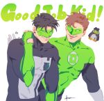  2boys black_bodysuit black_hair bodysuit covered_abs dc_comics domino_mask eye_mask gloves green_bodysuit green_lantern green_lantern_(series) green_lantern_corps grey_bodysuit hal_jordan jewelry kyle_rayner large_pectorals male_focus mask multicolored_bodysuit multiple_boys muscular muscular_male pectorals power_ring_(green_lantern) ring short_hair smile superhero_costume two-tone_bodysuit white_bodysuit white_gloves who_thehell_is 