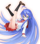  blue_hair flat_chest green_eyes izumi_konata long_hair lucky_star murata_taichi red_sailor_collar ryouou_school_uniform sailor_collar school_uniform serafuku skirt skirt_lift socks solo very_long_hair 