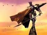  animal_on_shoulder anitenjp armor bird bird_on_shoulder black_armor blade_gainer cloak cloud evening full_body green_eyes holding holding_sword holding_weapon huge_weapon katana looking_at_viewer mecha mecha_focus non-humanoid_robot orange_sky outdoors robot robot_animal robot_bird shinkon_gattai_godannar!! side_cape sky solo standing sun sunset super_robot sword weapon yellow_armor 