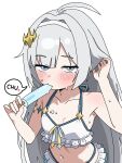  1girl ahoge bare_arms bare_shoulders bikini blue_eyes blush extra_pupils female_tyrant_(stella_sora) food food_in_mouth frilled_bikini frills grey_hair hair_intakes hair_ornament hairband half-closed_eyes hashtag-only_commentary heart highres holding holding_food holding_popsicle ice_cream_on_body looking_at_viewer navel popsicle popsicle_in_mouth saewoocho_bab sexually_suggestive solo speech_bubble spoken_heart stella_sora stomach swimsuit tyrant_(stella_sora) white_bikini white_hairband 