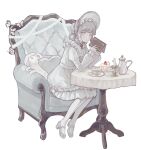  1girl absurdres accurate_lolita_coord armchair bib_collar bonnet book braid braided_hair_rings brooch bug butterfly cake cake_slice candle candlestand cat chair chinstrap closed_mouth commentary cup dress food frilled_bonnet frilled_dress frilled_shirt_collar frills from_side full_body grey_eyes grey_hair hair_rings hands_up high_heels highres holding holding_book jewelry juliet_sleeves lolita_fashion long_sleeves looking_at_viewer looking_to_the_side mary_janes medium_hair n4adoe necklace on_chair original pantyhose pearl_necklace plate puffy_sleeves saucer shoes sidelocks signature simple_background sitting solo strawberry_shortcake sugar_cube swept_bangs table tablecloth tea teacup teapot twitter_username white_background white_bonnet white_cat white_pantyhose white_shoes 
