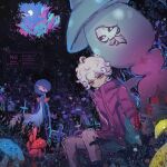  1boy alternate_color bede_(pokemon) blue_sky cloud cross curly_hair flower forest full_moon gardevoir hatterene highres horimhkw11 jacket latin_cross looking_at_viewer male_focus moon nature pantyhose plant pokemon pokemon_(creature) pokemon_swsh purple_eyes purple_jacket shiny_pokemon sitting sky tree white_hair white_pantyhose 