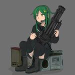  black_serafuku boombox boots crescent crescent_hair_ornament crescent_pin gatling_gun green_eyes green_hair gun hair_ornament halca_(technodrome) highres holding holding_gun holding_weapon kantai_collection long_hair minigun multiple_girls nagatsuki_(kancolle) neckerchief necktie school_uniform serafuku sitting weapon white_neckerchief white_necktie 