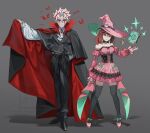  1boy 1girl alternate_costume aqua_bow ascot ayase_momo bare_shoulders bat_(animal) belt belt_buckle black_cape black_choker black_pants black_thighhighs book bow breasts brown_eyes buckle cape choker cleavage closed_mouth collarbone collared_shirt commentary crossed_bangs dandadan dress dress_bow earrings facial_mark fangs floating frilled_dress frilled_skirt frilled_sleeves frills full_body glasses grey_background hair_between_eyes hair_ornament hashtag-only_commentary hat height_difference highres jewelry long_sleeves looking_at_viewer medium_breasts medium_hair multicolored_hair multiple_belts off-shoulder_dress off_shoulder outstretched_arm pants pink_dress pink_hat pink_shoes pointy_ears puffy_sleeves red_cape red_eyes red_hair round_eyewear shirt shoes short_hair side_ponytail skirt sleeves_past_wrists sparkle standing strapless strapless_dress symbol-only_commentary takakura_ken_(dandadan) takakura_ken_(transformed)_(dandadan) thighhighs turbo_granny_(dandadan) two-sided_cape two-sided_fabric two-tone_hair vampire white_ascot white_hair white_shirt witch witch_hat wolf6481 zettai_ryouiki 