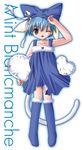 1girl animal_ears bangs blancmanche_mint blue_hair character_name fur_trim galaxy_angel green_eyes heart mint_blancmanche one_eye_closed short_dress short_hair simple_background solo tail white_background wink yellow_eyes 