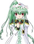  1girl bangs galaxy_angel green_hair high_ponytail long_hair looking_at_viewer lowres ponytail red_eyes simple_background solo vanilla vanilla_h white_background 