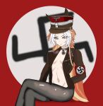  1girl absurdres animal_ears forehead germany hair_intakes hat highres horse_ears horse_girl k3bbys kepi long_hair military military_hat military_uniform multicolored_hair navel nazi orange_hair orfevre_(umamusume) pantyhose umamusume 