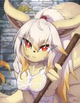 1girl :t animal_ear_fluff animal_ears animal_nose areola_slip artist_name blonde_hair blurry blurry_background blush body_fur breasts bright_pupils broom closed_mouth cobblestone collarbone commentary covered_erect_nipples dripping english_commentary fox_ears fox_girl fox_tail furry furry_female gradient_hair hair_between_eyes hair_tie hand_up highres holding holding_broom light_blush looking_at_viewer medium_breasts multicolored_hair multiple_tails ninetales outdoors path patreon_logo patreon_username personification pokemon pokemon_(creature) ponytail pout red_eyes rilex_lenov road see-through_clothes see-through_shirt shirt short_sleeves sidelocks solo tail thick_eyebrows two-tone_hair upper_body watermark web_address wet wet_clothes wet_hair wet_shirt white_pupils white_shirt yellow_fur 