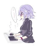  1girl at_computer black_jacket breasts chaos;child computer_keyboard computer_mouse cropped_torso eating food_in_mouth from_side glasses impossible_clothes impossible_jacket jacket kazuki_hana large_breasts mamimu_(ma-mi-mu.me) profile purple_hair science_adventure short_hair simple_background solo three-quarter_sleeves track_jacket upper_body wristband 