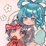  2girls black_ribbon blue_dress blue_eyes blue_hair blush closed_mouth commentary_request dress hair_ornament hair_rings hair_stick hat_ornament head_on_head head_rest jiangshi kaku_seiga looking_at_viewer miyako_yoshika multiple_girls neck_ribbon no_headwear ofuda open_mouth painting_(medium) pink_background pppppks purple_hair red_shirt ribbon shirt short_hair smile star_(symbol) star_hat_ornament touhou traditional_media upper_body watercolor_(medium) 