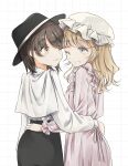  2girls artist_name black_hat black_skirt blonde_hair brown_hair capelet dress dress_ribbon grid_background grin hair_between_eyes hand_on_another&#039;s_waist happy hat highres long_dress long_sleeves looking_at_another maribel_hearn medium_hair mob_cap multicolored_eyes multiple_girls one_eye_closed poteimo_(poteimo622) purple_dress purple_eyes purple_ribbon ribbon shirt short_hair simple_background skirt sleeve_cuffs smile touhou two-tone_eyes usami_renko white_background white_capelet white_hat white_shirt yellow_eyes yuri 