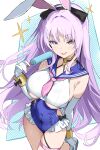  1girl ama_(pixiv24262513) animal_ears blue_one-piece_swimsuit breasts commentary fake_animal_ears food from_above gloves highres holding holding_food holding_popsicle large_breasts long_hair looking_at_viewer looking_up mole mole_on_thigh neckerchief one-piece_swimsuit pink_neckerchief playboy_bunny_swimsuit popsicle purple_eyes purple_hair rabbit_ears sailor_collar sailor_one-piece_swimsuit shia_(stella_sora) sideless_swimsuit solo sparkle standing stella_sora swimsuit thigh_strap tongue tongue_out underboob white_gloves 