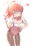  1girl alternate_costume animal_ear_headband animal_ears apron arm_scrunchie arm_up armband backlighting blush bow bowtie brown_eyes brown_pantyhose closed_mouth collar commentary fake_animal_ears fishnet_pantyhose fishnets floating_hair glasses hand_on_own_hip highres kobayashi-san_chi_no_maidragon kobayashi_(maidragon) leaning_forward leotard maid maid_apron maid_headdress medium_hair orange_hair pantyhose pink_bow pink_bowtie pink_leotard playboy_bunny rabbit_ears reiwa_rerere scrunchie signature simple_background smile split_mouth strapless strapless_leotard symbol-only_commentary v white_armband white_background white_collar white_scrunchie 