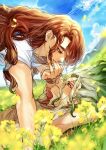  2boys absurdres blue_sky blurry brown_hair cloud day depth_of_field dr._stone eye_contact falling_petals field flower flower_field gradient_hair grass green_hair highres ishigami_senkuu kiss kissing_hand kppn_135 long_hair looking_at_another lying male_focus multicolored_hair multiple_boys on_back outdoors petals profile red_hair shirt shishiou_tsukasa sky smile thick_eyebrows toned toned_male two-tone_hair upper_body yaoi yellow_flower 
