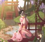 2019 ambient_fish ambient_sealife anthro asian_clothing beverage biped black_hair black_markings black_nose candle closed_smile clothed clothing day domestic_cat drinking east_asian_clothing eyes_closed felid feline felis female fire fuf gloves_(marking) hair hi_res holding_beverage holding_object japanese_clothing kimono kneeling mammal markings mouth_closed outside plant pond short_hair shrub side_view smile solo torii white_body