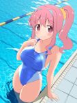  1girl bare_arms bare_legs bare_shoulders blue_hair blue_one-piece_swimsuit blush breasts brown_eyes collarbone commentary competition_swimsuit covered_navel hair_between_eyes hand_on_own_chest highres hozuki_kaede lane_line large_breasts long_hair looking_at_viewer multicolored_hair multicolored_one-piece_swimsuit one-piece_swimsuit onii-chan_wa_oshimai! pink_hair ponytail pool ripples sidelocks smile solo swimsuit taut_clothes taut_swimsuit tile_floor tiles two-tone_hair unkimo wading water white_one-piece_swimsuit 