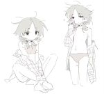  1girl black_eyes blonde_hair choker flat_chest genderswap genderswap_(mtf) half-closed_eyes highres indian_style medium_hair messy_hair mk1liaoqian mullet multiple_views navel nipples o-ring o-ring_choker open_clothes open_shirt original panties plaid_clothes plaid_shirt self-harm_scar shirt simple_background sitting sketch sleepy sports_bra tareme thick_eyebrows underwear white_background 