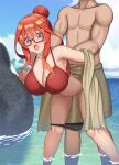  1boy 1girl beach bent_over bikini bikini_bottom_pull blue_eyes breasts cleavage clothed_sex collarbone dark_skin glasses go-toubun_no_hanayome grabbing_another&#039;s_breast grabbing_from_behind grey_male_swimwear groping hair_between_eyes hair_bun hair_ornament halterneck highres komainu_(yamaha1997) large_breasts long_hair male_swimwear nakano_itsuki open_mouth outdoors red_bikini red_hair rock sex sex_from_behind standing standing_sex star_(symbol) star_hair_ornament strapless strapless_bikini sweat swimsuit 