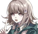  1girl brown_hair collared_shirt commentary danganronpa_(series) danganronpa_2:_goodbye_despair flipped_hair green_jacket hair_ornament hood hood_down hooded_jacket index_finger_raised jacket medium_hair nanami_chiaki neck_ribbon open_mouth portrait red_eyes red_ribbon ribbon rishaku_(user_cuwx8758) shirt simple_background solo teeth upper_teeth_only white_background white_shirt 