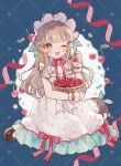  1girl basket bebe_(nanahira) blush bonnet bow brown_hair cherry commentary_request commission country_lolita dress food fruit highres holding holding_basket indie_utaite lolita_fashion long_dress long_hair looking_at_viewer mary_janes nanahira nig_18 one_eye_closed polka_dot polka_dot_dress rabbit ribbon shoes sitting smile solo utaite white_bonnet white_dress yellow_eyes 