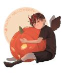  1boy black_eyes black_hair black_shirt black_shorts black_socks black_wings borrowed_clothes cosplay demon_horns english_text expressionless full_body happy_halloween highres horns kim_dokja kim_dokja_(cosplay) looking_at_viewer male_focus mini_wings nadardoh oldest_dream omniscient_reader&#039;s_viewpoint oversized_object pumpkin shirt short_hair shorts sitting socks solo t-shirt wings 