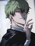  1boy alternate_eye_color alternate_hair_color black_hair closed_mouth colored_tips commentary_request ear_piercing earrings green_eyes green_hair highres japanese_clothes jewelry jujutsu_kaisen looking_at_viewer male_focus multicolored_hair piercing short_hair solo teeth twitter_username two-tone_hair upper_body zen&#039;in_naoya zeta_(ace_343) 