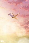  absurdres alternate_color artist_name cloud flying green_eyes highres latias lens_flare no_humans orange_sky pokemon pokemon_(creature) r3dfive scenery shiny_pokemon sky sparkle sunset 