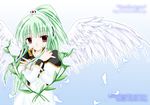  1girl artist_name bangs character_name copyright_name flower galaxy_angel green_hair high_ponytail long_hair looking_at_viewer ponytail red_eyes solo vanilla vanilla_h web_address wings yufuji_saeka 