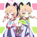  2girls animal_ear_headphones animal_ears blonde_hair blue_archive blue_necktie blue_shorts blue_skirt blush bow cat_ear_headphones cat_ears closed_mouth commentary_request fake_animal_ears fist_bump green_bow green_eyes green_halo grey_jacket hair_bow halo headphones highres jacket midori_(blue_archive) momoi_(blue_archive) multiple_girls necktie open_clothes open_jacket partial_commentary pink_bow pink_eyes pink_halo pleated_skirt shirt shorts skirt smile star_(symbol) suwasui white_shirt 