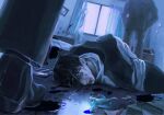  0pa9ue4 1boy 2others arms_behind_back bags_under_eyes bed black_hair blood blood_from_forehead blood_on_face blood_splatter blue_blood book bound bound_wrists chair commentary_request curtains exhausted hands_in_pockets highres hood hood_down jacket looking_at_viewer lying multicolored_jacket multiple_others on_ground on_side original short_hair toy_dinosaur two-tone_jacket window_light wooden_floor 