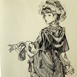  1other alternate_costume androgynous arrow_print capelet closed_mouth collared_dress commentary cowboy_shot dress english_commentary expressionless frilled_dress frilled_headwear frilled_sleeves frills frown greyscale hat hatsburg high_collar highres len'en lips long_sleeves looking_at_viewer looking_back mob_cap monochrome nib_pen_(medium) nostrils other_focus outstretched_arm pen_(medium) print_dress puffy_long_sleeves puffy_sleeves raised_eyebrow realistic shitodo_kuroji short_hair sleeves_past_wrists solo standing traditional_media 