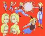  1girl android_18 bandaged_arm bandages black_shoes black_tank_top blonde_hair blue_eyes blue_pants breasts commentary cropped_head deringshane dragon_ball dragon_ball_z electricity english_commentary fighting_stance flying full_body furrowed_brow hair_between_eyes medium_breasts multiple_views orange_socks pants parted_bangs red_background shoes short_hair socks solo tank_top 
