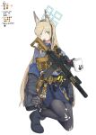  1girl absurdres animal_ear_fluff animal_ears ar-15 black_boots black_gloves black_jacket black_pantyhose blonde_hair blue_archive blue_eyes blue_halo blue_necktie blue_shirt blue_skirt boots collared_shirt commentary_request dog_ears dog_girl glock gloves gun hair_over_one_eye halo handgun headset highres holding holding_gun holding_weapon holstered jacket kanna_(blue_archive) korean_commentary kral_(auux4442) long_hair looking_at_viewer mixed-language_commentary necktie on_one_knee open_clothes open_jacket pantyhose parted_lips rifle sharp_teeth shirt sidelocks skirt solo teeth textless_version torn_clothes torn_pantyhose weapon 