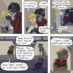 1:1 annoyed anthro apology artist_logo at_window barefoot black_eye_(injury) black_hair blonde_hair blood blood_on_face blue_eyes blush bodily_fluids border_collie boris_(kriek_wildebeest) bottomwear brother_(lore) brothers_(lore) brown_eyes bruised canid canine canis clothed clothing collie comic dialogue domestic_dog english_text eye_contact eyes_closed feet flannel_shirt fur grey_body grey_fur group hair hand_on_arm hand_on_face hand_on_neck herding_dog hi_res hug husky hybrid index_to_index jeremy_(kriek_wildebeest) jumping kissing kriek_wildebeest logo looking_at_another male male/male mammal multiple_scenes nervous night nordic_sled_dog page_number pajamas pants pastoral_dog pattern_clothing pattern_shirt pattern_topwear scruffy sheepdog shirt sibling_(lore) smile spitz standing striped_clothing striped_shirt striped_topwear stripes tail text tom_(kriek_wildebeest) topwear trio wolf wounded yellow_body yellow_fur