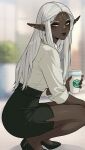  1girl absurdres blurry blurry_background cithis coffee coffee_mug commentary cup dark-skinned_female dark_elf dark_skin dungeon_meshi elf english_commentary high_heels highres holding holding_cup long_hair looking_at_viewer mug office_lady pointy_ears shirt solo squatting very_dark_skin white_hair white_shirt yellow_eyes yiiande 