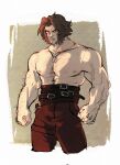  1boy alternate_costume arm_hair belt black_belt black_eyes black_hair black_pants border brown_background chest_hair cowboy_shot dog_tags facial_hair hashtag-only_commentary highres looking_at_viewer male_focus marvel marvel_rivals mature_male midriff multiple_belts muscular muscular_male nipples pants parted_lips short_hair solo specter515021 stomach_hair topless_male veins veiny_arms white_border wolverine_(x-men) x-men 