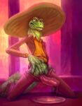 animal_genitalia anthro big_hands big_hat big_penis bottomwear bottomwear_down clothed clothing disney erection genital_slit genitals green_body green_scales hat headgear headwear hi_res jesus_(zootopia) klongi lizard male pants pants_down partially_clothed penis reptile scales scalie solo sombrero zootopia