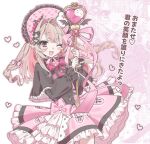  1girl ;3 black_capelet black_ribbon black_sleeves blunt_bangs blush blush_stickers bonnet bow brooch capelet chinstrap colored_inner_hair cowboy_shot dress drill_hair earclip earrings frilled_bonnet frilled_capelet frilled_dress frilled_sleeves frills grey_hair hair_intakes hair_ornament hair_ribbon halftone halftone_background heart heart_background heart_brooch heart_wand highres holding holding_wand jewelry long_hair long_sleeves looking_at_viewer magical_girl makaino_ririmu multicolored_hair neck_ribbon nijisanji official_alternate_costume official_alternate_hairstyle one_eye_closed open_mouth petticoat pink_bow pink_dress pink_hair pink_ribbon pink_streaks pointy_ears puffy_long_sleeves puffy_sleeves red_eyes red_ribbon regu_(cc41_ti) ribbon sidelocks single_blush_sticker smile solo standing streaked_hair symbol-shaped_pupils two-handed two-tone_hair two_side_up virtual_youtuber wand white_background winged_heart winged_wand x_hair_ornament zoom_layer 