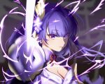  1girl armor blue_pupils blunt_bangs blurry blurry_background breasts cleavage close-up closed_mouth commentary_request depth_of_field electricity flower_ornament from_side genshin_impact glowing glowing_sword glowing_weapon hair_ornament highres holding holding_sword holding_weapon incoming_attack japanese_clothes katana kimono large_breasts long_hair mole mole_under_eye multicolored_eyes musou_isshin_(genshin_impact) neck_ribbon off_shoulder outstretched_hand pink_lips purple_eyes purple_hair purple_kimono raiden_shogun red_ribbon rentyu ribbon shade shoulder_armor solo standing sword upper_body weapon 