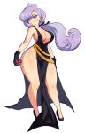  1girl anabel_(pokemon) bare_legs black_dress breasts cleavage dress eduedude high_heels highres holding holding_poke_ball large_breasts long_hair looking_at_viewer poke_ball pokemon pokemon_sm purple_eyes purple_hair solo 