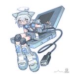  1girl absurdres backpack bag boots borrowed_character cable cable_tail chibi commission commissioner_upload fingerless_gloves glasses gloves grey_eyes grey_shorts grey_skirt haka-baka handheld_game_console hat highres holding holding_stylus hood hood_down knee_boots knee_pads looking_at_viewer mechanical_tail medium_hair multiple_views nintendo_ds non-web_source original round_eyewear satchel shorts skeb_commission skirt smile stylus tail turtleneck twitter_username white_boots white_hair 