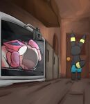 2025 absurd_res ambiguous_gender anthro appliance black_body black_fur clothed clothing digital_media_(artwork) duo eeveelution english_text fur generation_2_pokemon generation_6_pokemon hi_res kitchen_appliance klydewitakay lock locked mammal nintendo open_mouth oven pokemon pokemon_(species) shorts_only stuck sylveon tail text topless trapped umbreon white_body white_eyes white_fur