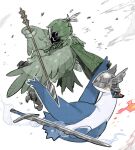  animal_focus arrow_(projectile) bird blue_eyes cape commentary_request decidueye elden_ring elden_ring_nightreign green_cape green_hood helmet highres holding holding_arrow ironeye_(elden_ring) latios no48any no_humans pokemon pokemon_(creature) pokemon_focus sword weapon winged_helmet wings wylder_(elden_ring) 
