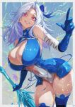 1girl absurdres alternate_form blue_gloves blue_hair blue_leotard boots breasts cleavage commentary_request cryokinesis crystal_sword elbow_gloves gloves grin highres holding holding_sword holding_weapon huge_breasts leaning_forward leotard long_hair looking_at_viewer momoyama_tits official_alternate_costume official_alternate_hairstyle red_eyes senran_kagura senran_kagura_new_link skindentation smile solo sword thigh_boots weapon yumi_(senran_kagura) 