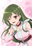  1girl ;d absurdres bare_shoulders breasts brown_choker brown_eyes choker clothing_cutout collarbone commentary_request dream_believers dress erobear finger_to_mouth green_hair hair_ornament hairclip highres link!_like!_love_live! long_hair long_sleeves looking_at_viewer love_live! medium_breasts official_alternate_costume ogami_sachi one_eye_closed parallel_hairclips pink_background pink_dress shoulder_cutout shushing smile solo upper_body 